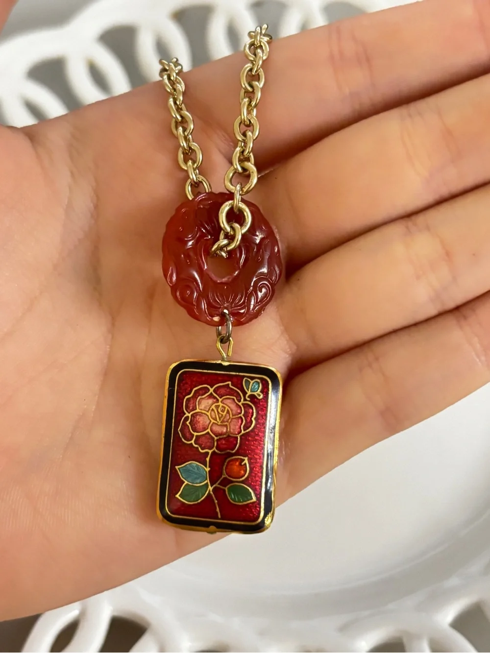 Gold-Tone Cloisonné Floral Pendant Necklace
